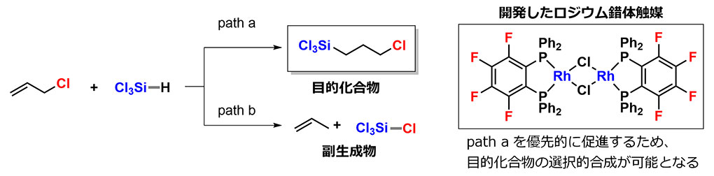 図2：開発したロジウム触媒の構造とクロロプロピルシランの合成経路